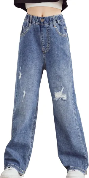 Big Girls Baggy Jeans Casual Patchwork Denim Jeans Elastic Wasit Wide Leg Ripped Pants Bell Bottoms for 4-14 Years