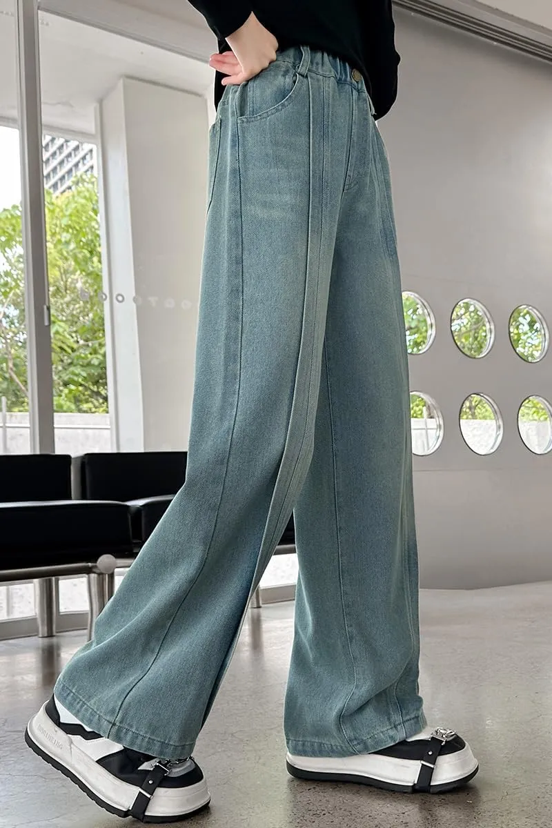 Big Girls Baggy Jeans Casual Patchwork Denim Jeans Elastic Wasit Wide Leg Ripped Pants Bell Bottoms for 4-14 Years