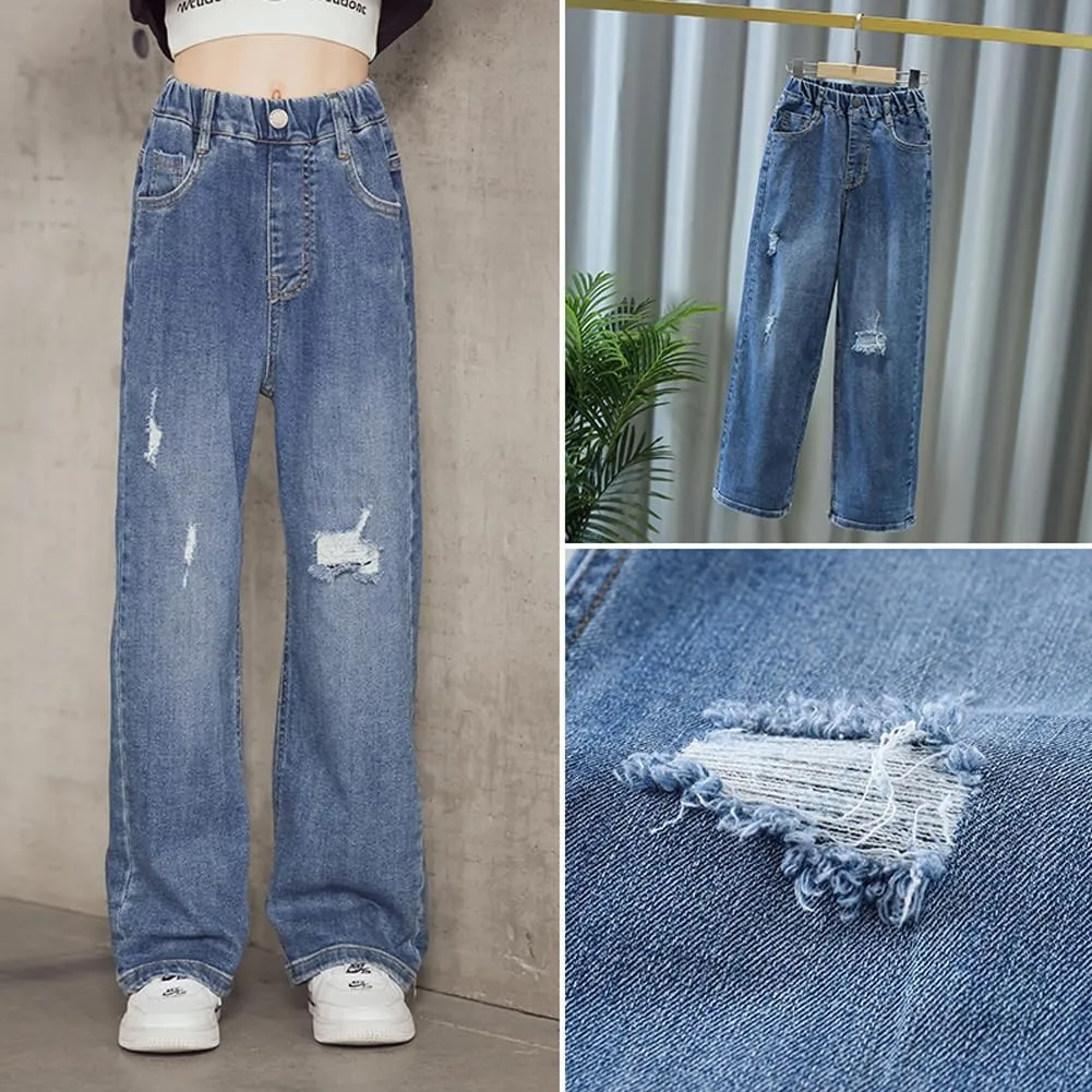 Big Girls Baggy Jeans Casual Patchwork Denim Jeans Elastic Wasit Wide Leg Ripped Pants Bell Bottoms for 4-14 Years