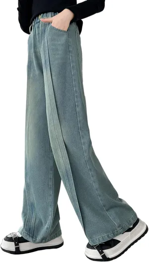 Big Girls Baggy Jeans Casual Patchwork Denim Jeans Elastic Wasit Wide Leg Ripped Pants Bell Bottoms for 4-14 Years