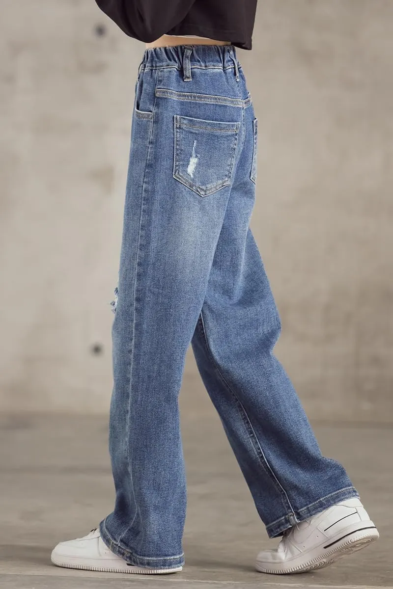 Big Girls Baggy Jeans Casual Patchwork Denim Jeans Elastic Wasit Wide Leg Ripped Pants Bell Bottoms for 4-14 Years
