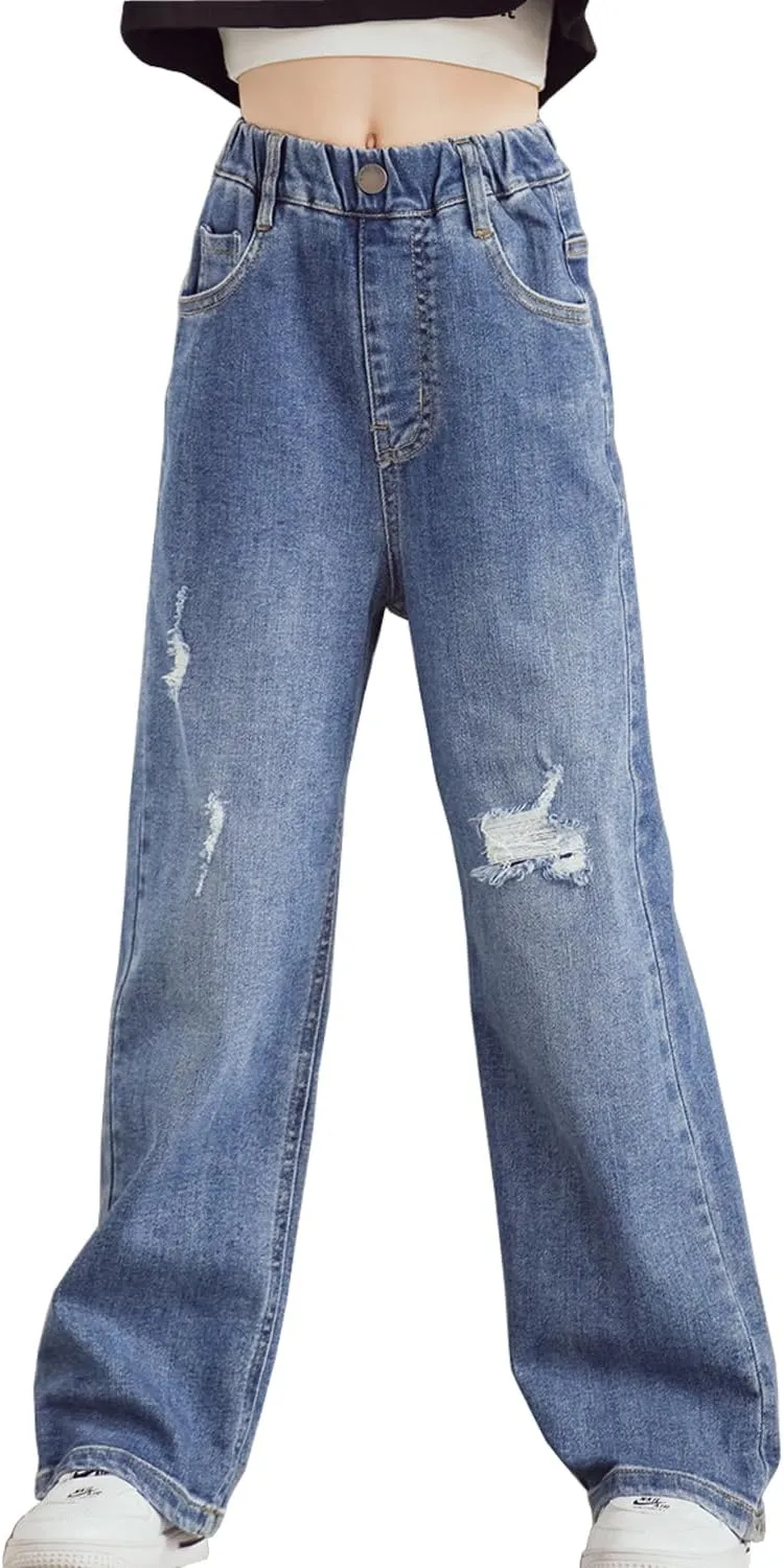 Big Girls Baggy Jeans Casual Patchwork Denim Jeans Elastic Wasit Wide Leg Ripped Pants Bell Bottoms for 4-14 Years