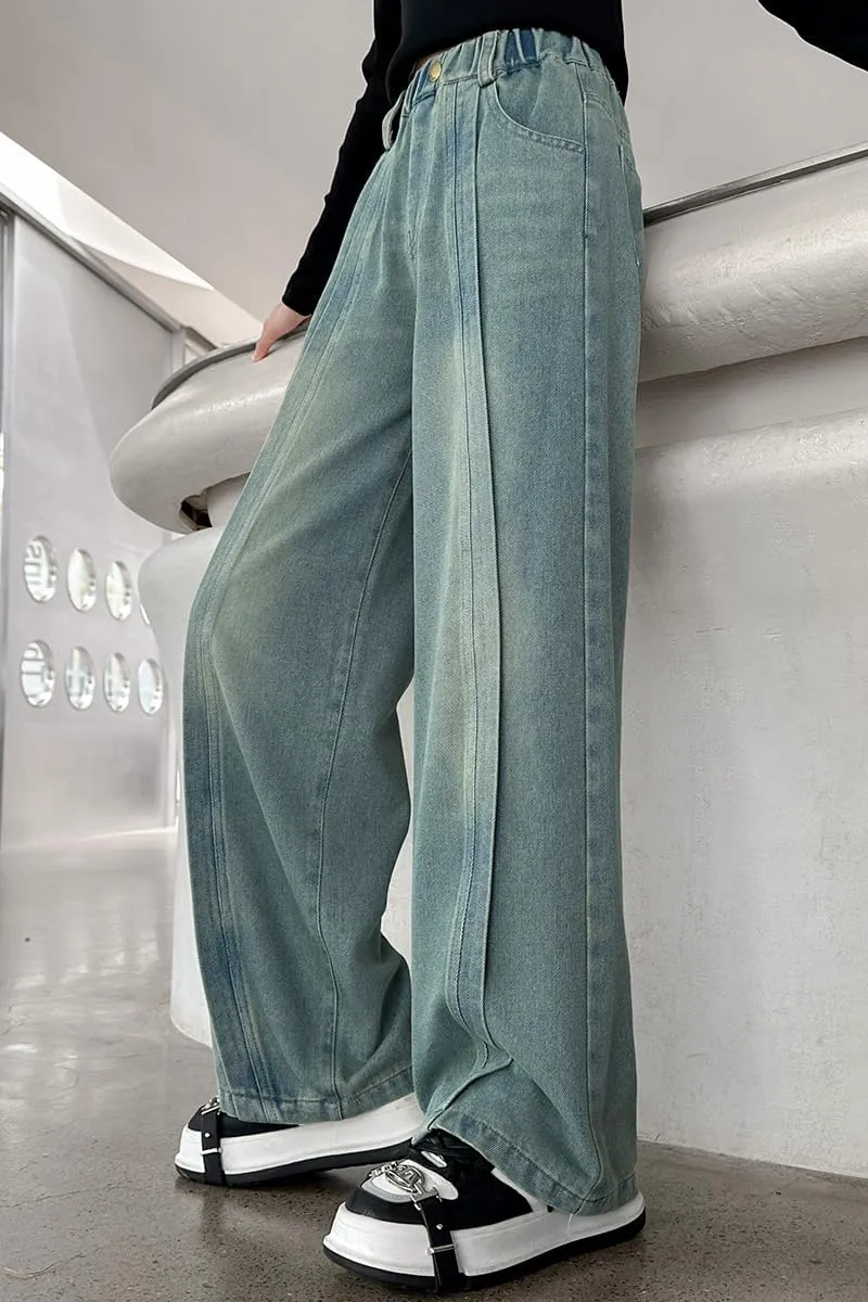 Big Girls Baggy Jeans Casual Patchwork Denim Jeans Elastic Wasit Wide Leg Ripped Pants Bell Bottoms for 4-14 Years