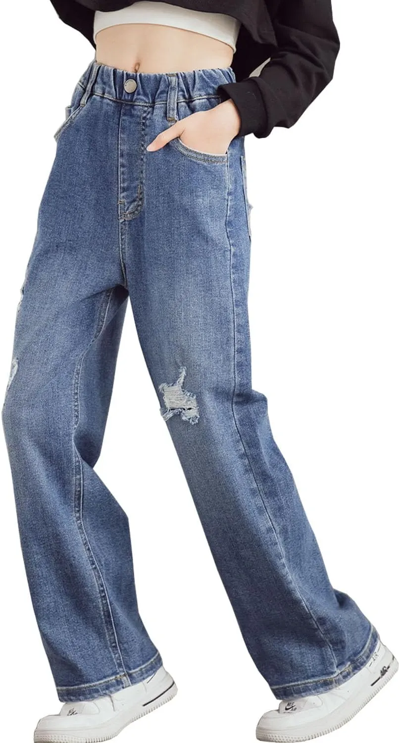 Big Girls Baggy Jeans Casual Patchwork Denim Jeans Elastic Wasit Wide Leg Ripped Pants Bell Bottoms for 4-14 Years