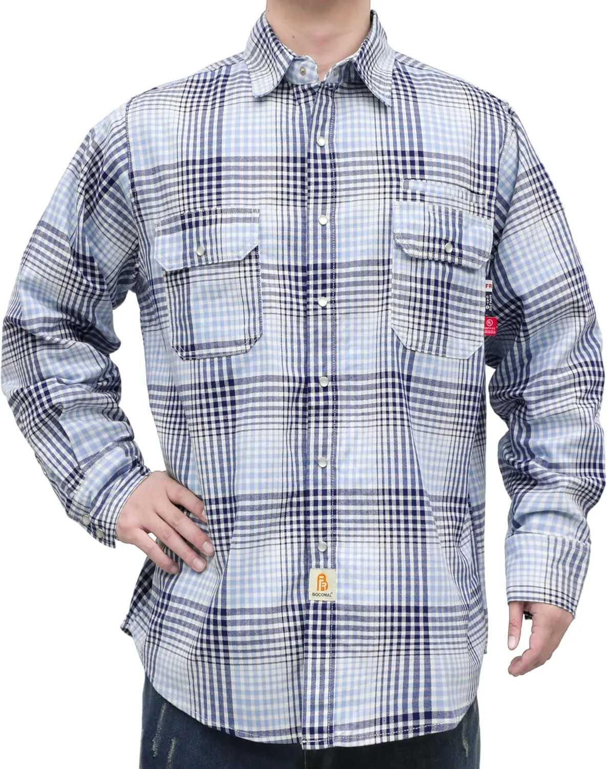 BOCOMAL FR Shirts for Men Snaps Down 7.5oz Water Repellent Fire Resistant Welding Jackets-NFPA2112 CAT2