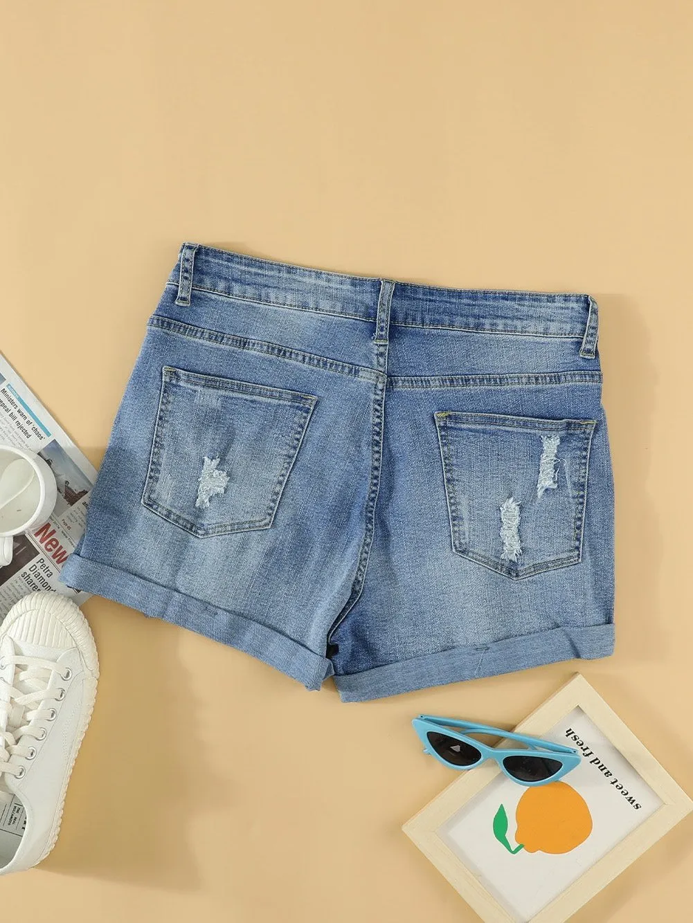 Casual Distressed Denim Shorts with Flag Print