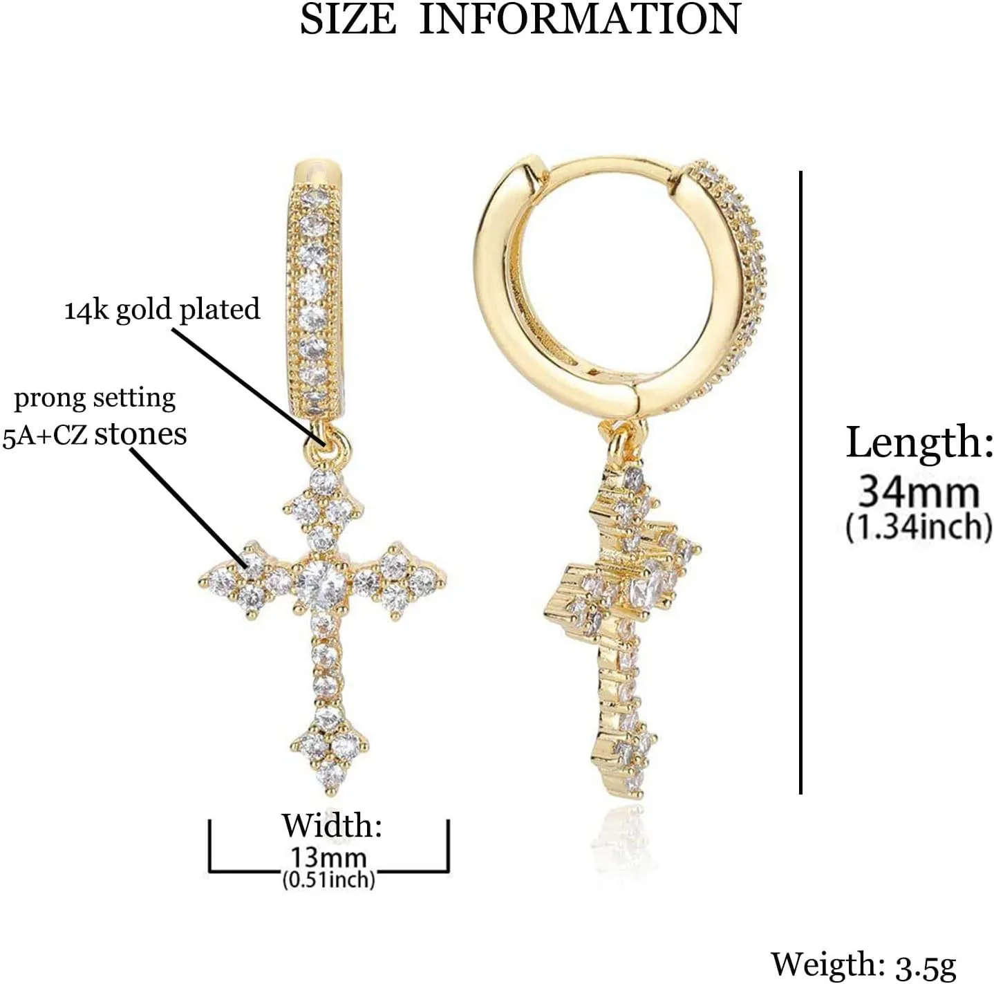 Cross Earrings for Men Women 14K Gold Plated Hypoallergenic Dangle Hoop Earrings Cubic Zirconia Earrings
