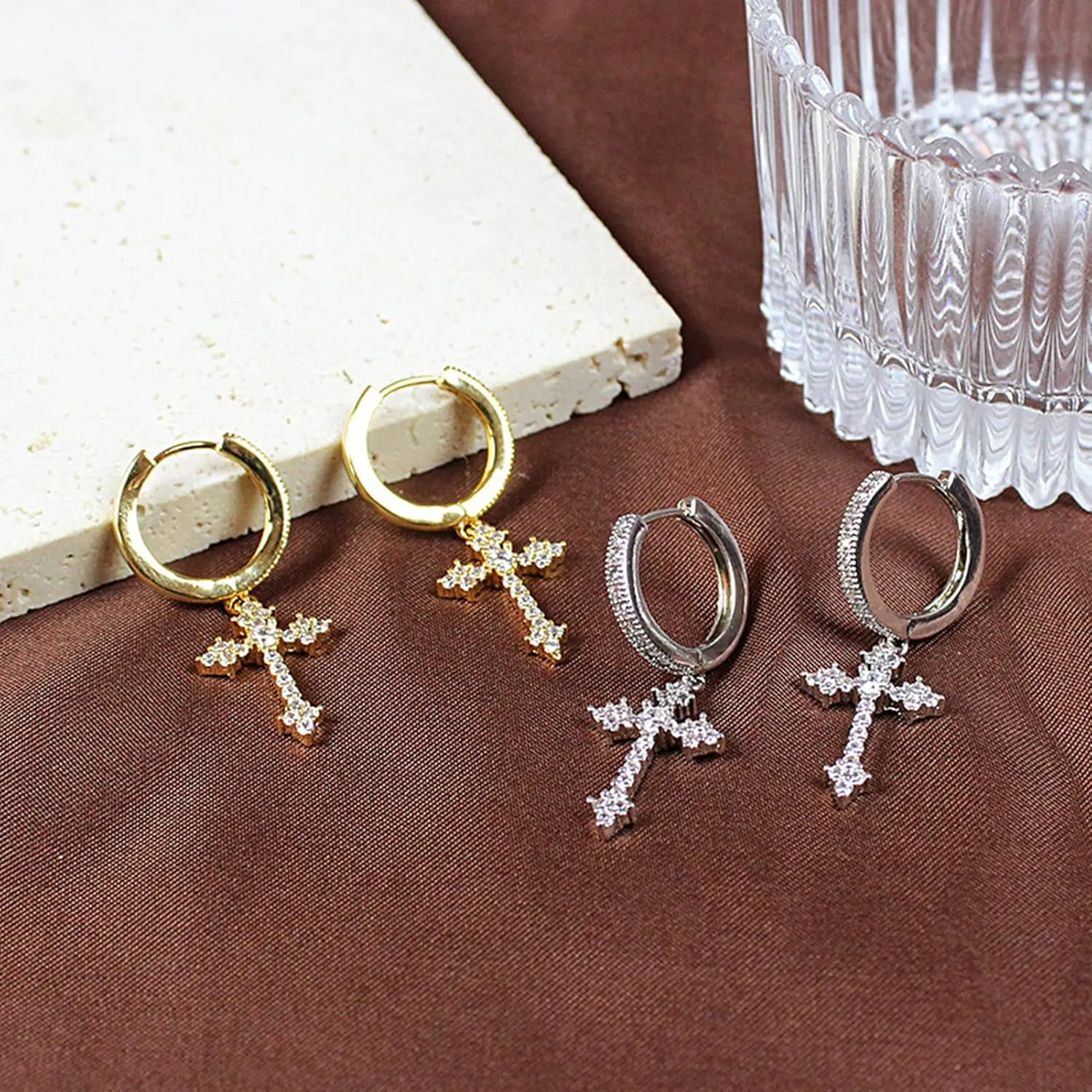 Cross Earrings for Men Women 14K Gold Plated Hypoallergenic Dangle Hoop Earrings Cubic Zirconia Earrings