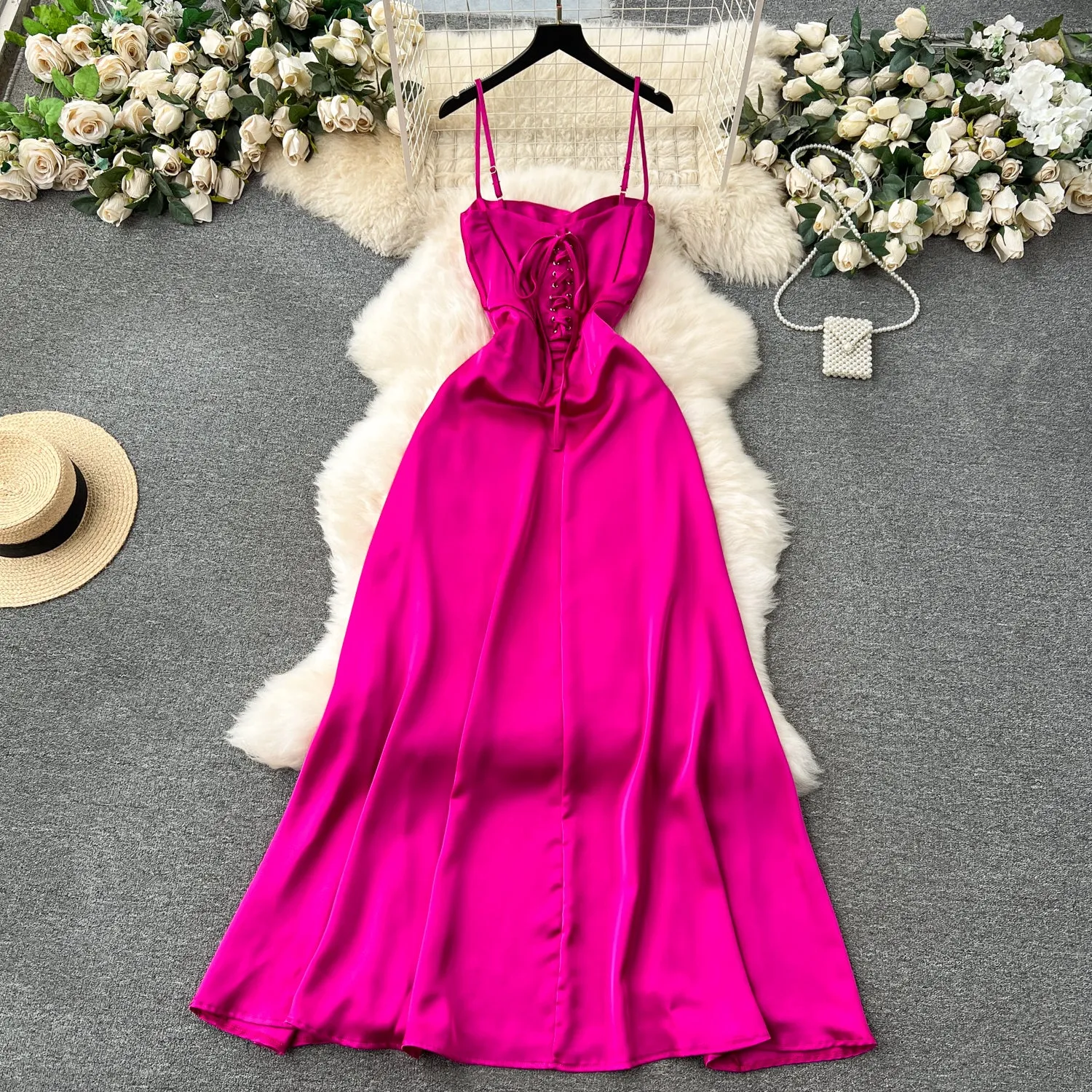 Elegant Rose Red Satin Slip Dress
