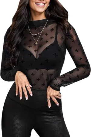 Floral Mesh Long Sleeve Tops for Women Mock Neck See Through Fitted Sexy Going Out Top