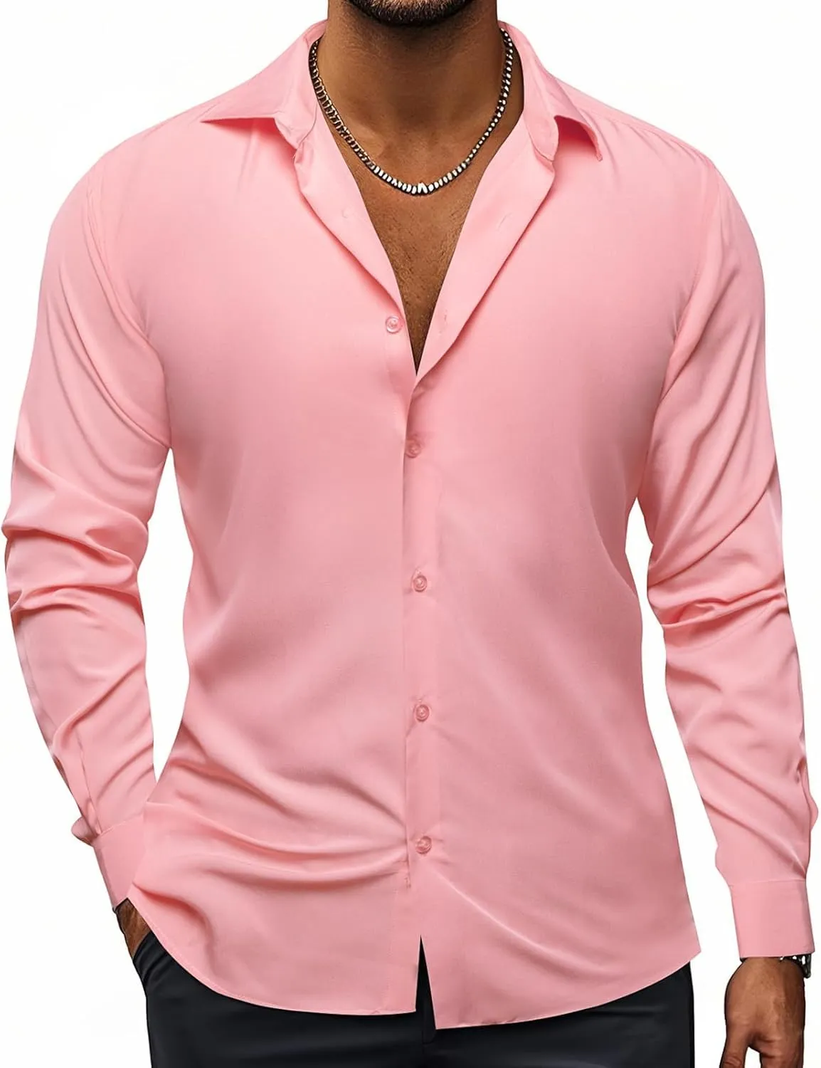 Hi-Tie Men's 4 Way Stretch Dress Shirts Long Sleeve Button Down Wrinkle Free Casual Formal Dress Shirt for Men