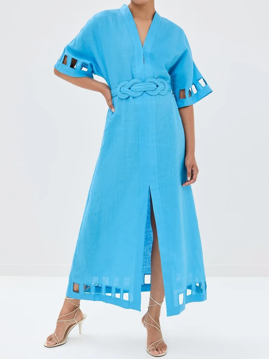 Hollowed Out V Neck Belted Slit Hem Dress