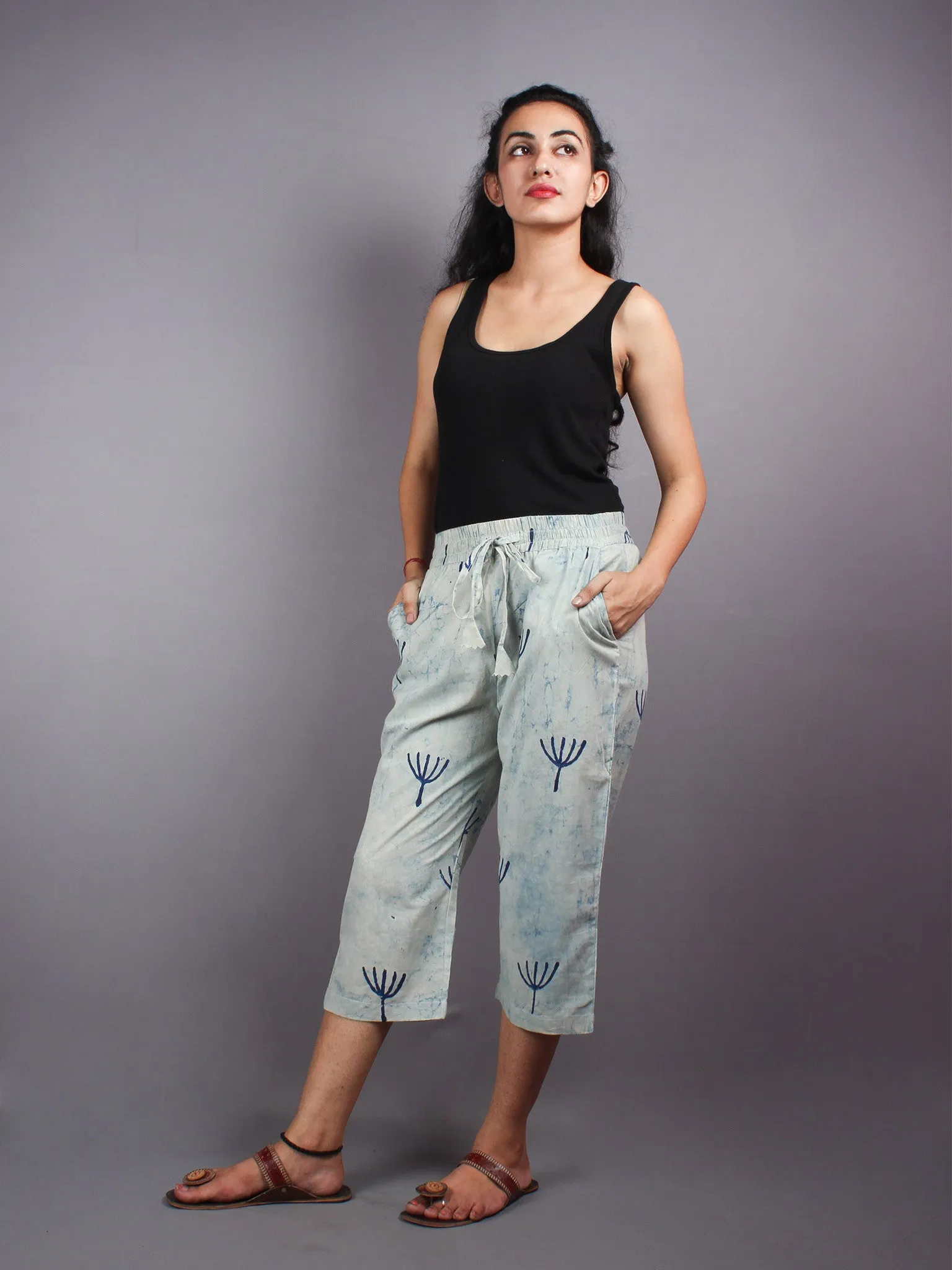 Indigo Hand Block Printed Elasticated Waist Capri - C0267011