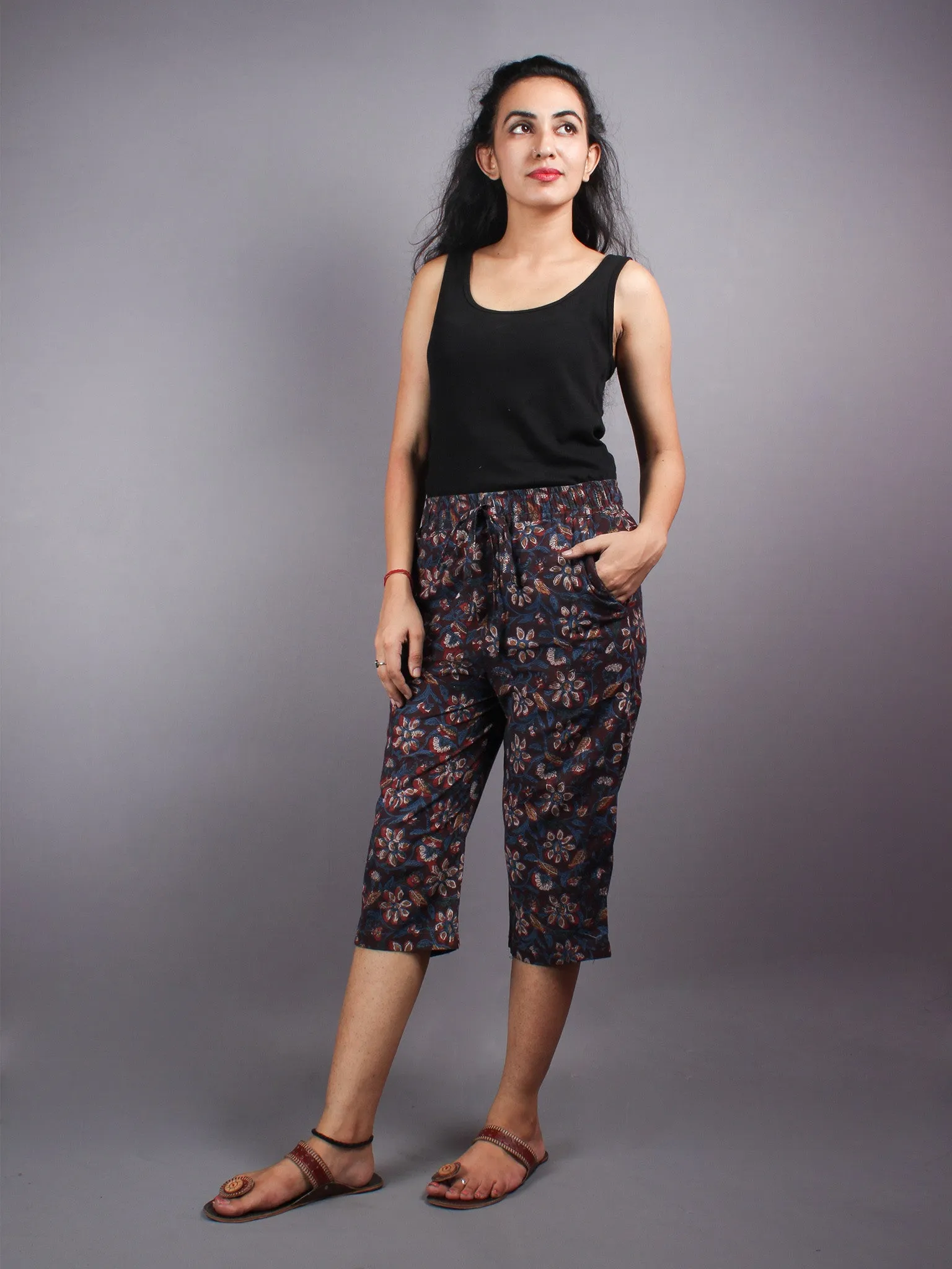 Indigo Hand Block Printed Elasticated Waist Capri - C0267012