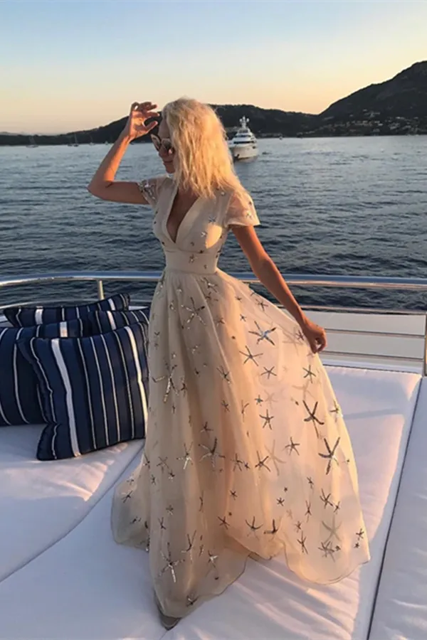 Kateprom A line V neck Champagne Prom Dresses With Sleeve Formal Gown Evening Dresses KPP1538