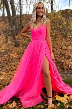 Kateprom A Line V Neck Hot Pink Prom Dresses With Slit, Long Formal Evening Dresses KPP1447