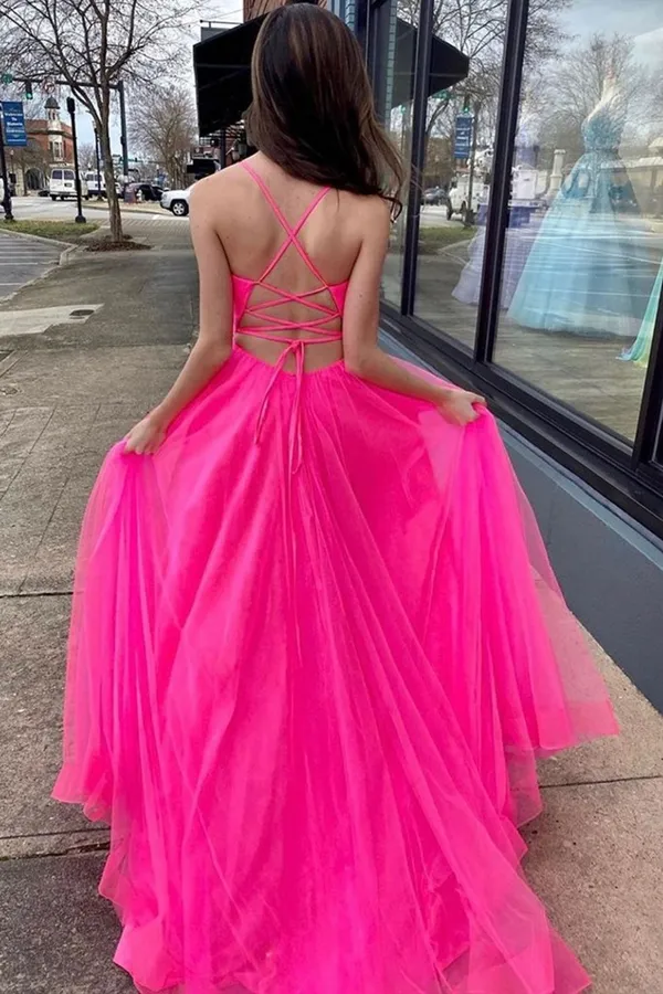 Kateprom A Line V Neck Hot Pink Prom Dresses With Slit, Long Formal Evening Dresses KPP1447