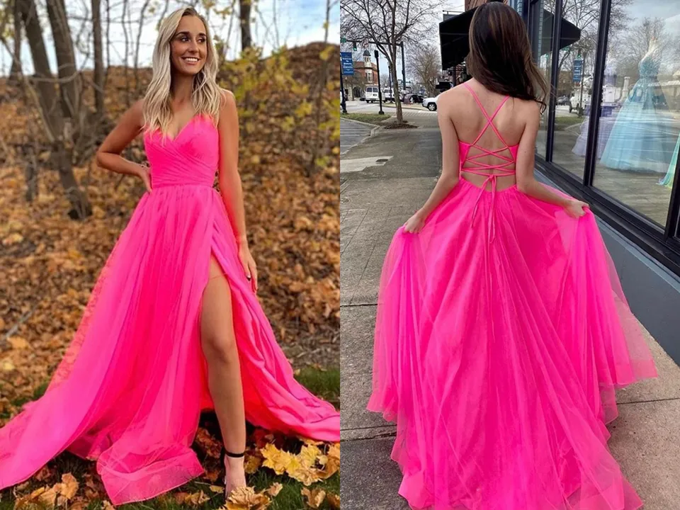 Kateprom A Line V Neck Hot Pink Prom Dresses With Slit, Long Formal Evening Dresses KPP1447