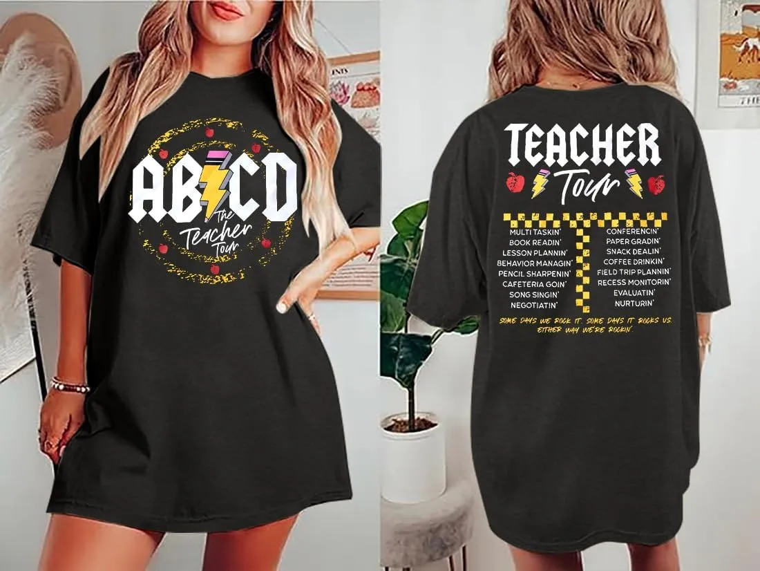 KIDDAD Teacher Shirts ABCD The Teacher Tour Tshirt Oversized Funny Graphic Tee Summer Casual Short Sleeve Tops