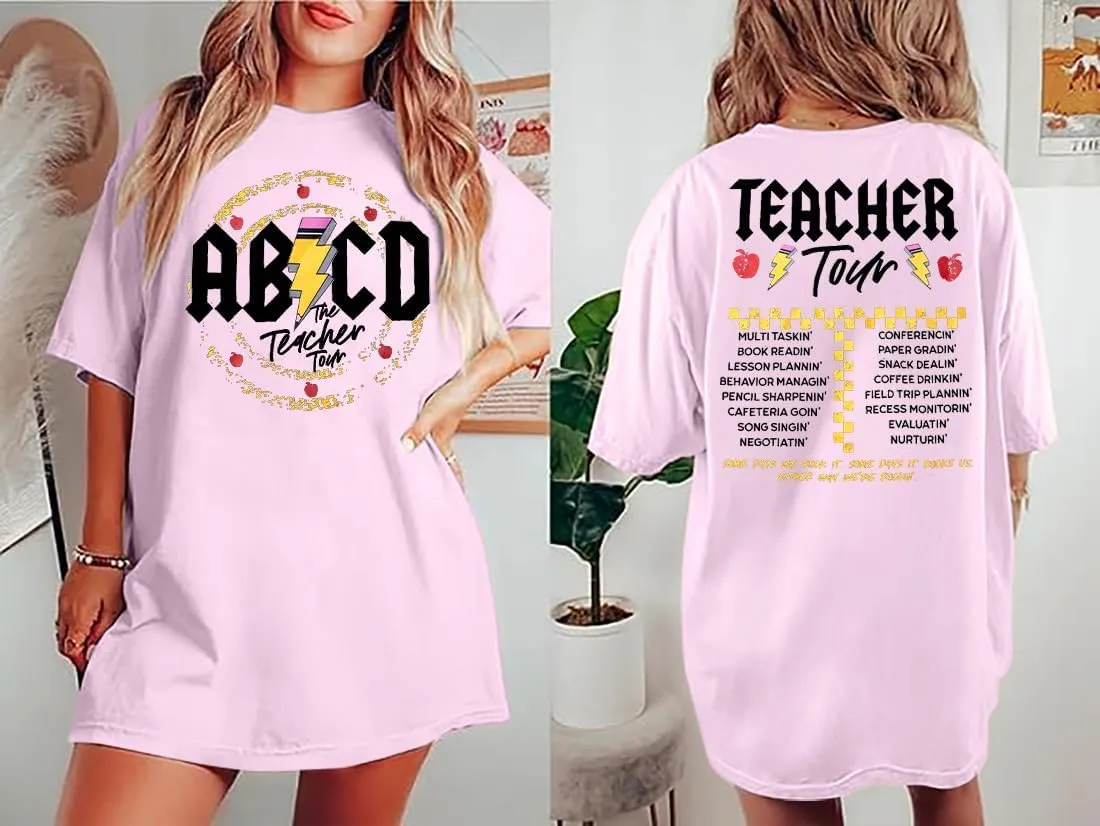 KIDDAD Teacher Shirts ABCD The Teacher Tour Tshirt Oversized Funny Graphic Tee Summer Casual Short Sleeve Tops