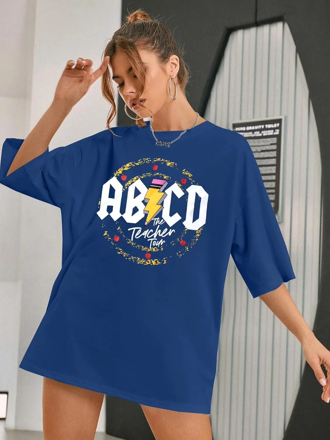KIDDAD Teacher Shirts ABCD The Teacher Tour Tshirt Oversized Funny Graphic Tee Summer Casual Short Sleeve Tops