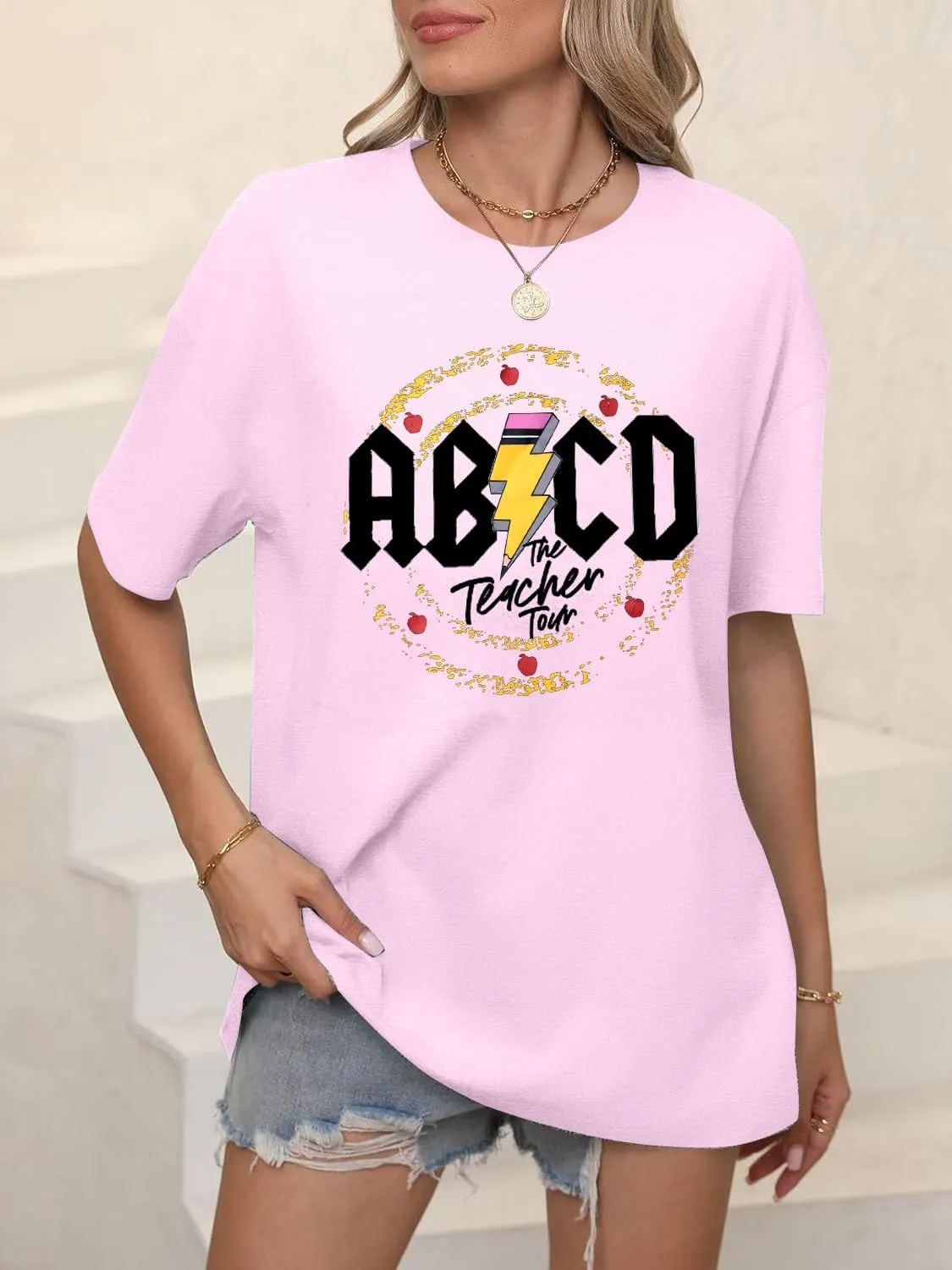 KIDDAD Teacher Shirts ABCD The Teacher Tour Tshirt Oversized Funny Graphic Tee Summer Casual Short Sleeve Tops
