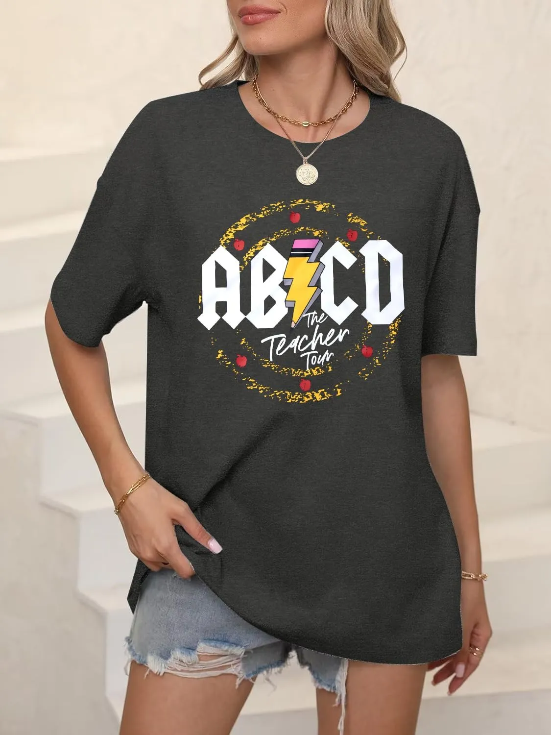 KIDDAD Teacher Shirts ABCD The Teacher Tour Tshirt Oversized Funny Graphic Tee Summer Casual Short Sleeve Tops