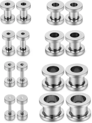 Lcolyoli Screw Fit Ear Gauges Kit Surgical Steel Tunnel Expander Earrings Earlobe Plugs Stretching Body Piercing Jewelry Set for Women Men 14G-00G 8 Pairs
