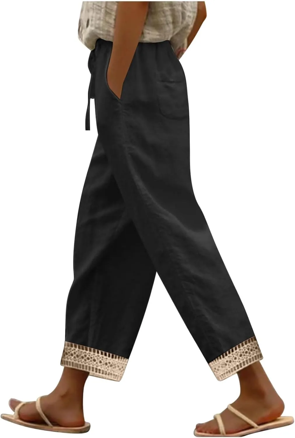 Linen Pants Women Linen Capri Pants 2025 Summer Lightweight Striped Hem Pant with Pocket