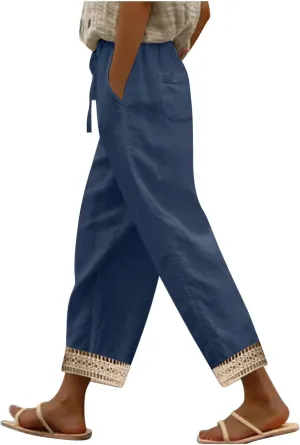 Linen Pants Women Linen Capri Pants 2025 Summer Lightweight Striped Hem Pant with Pocket