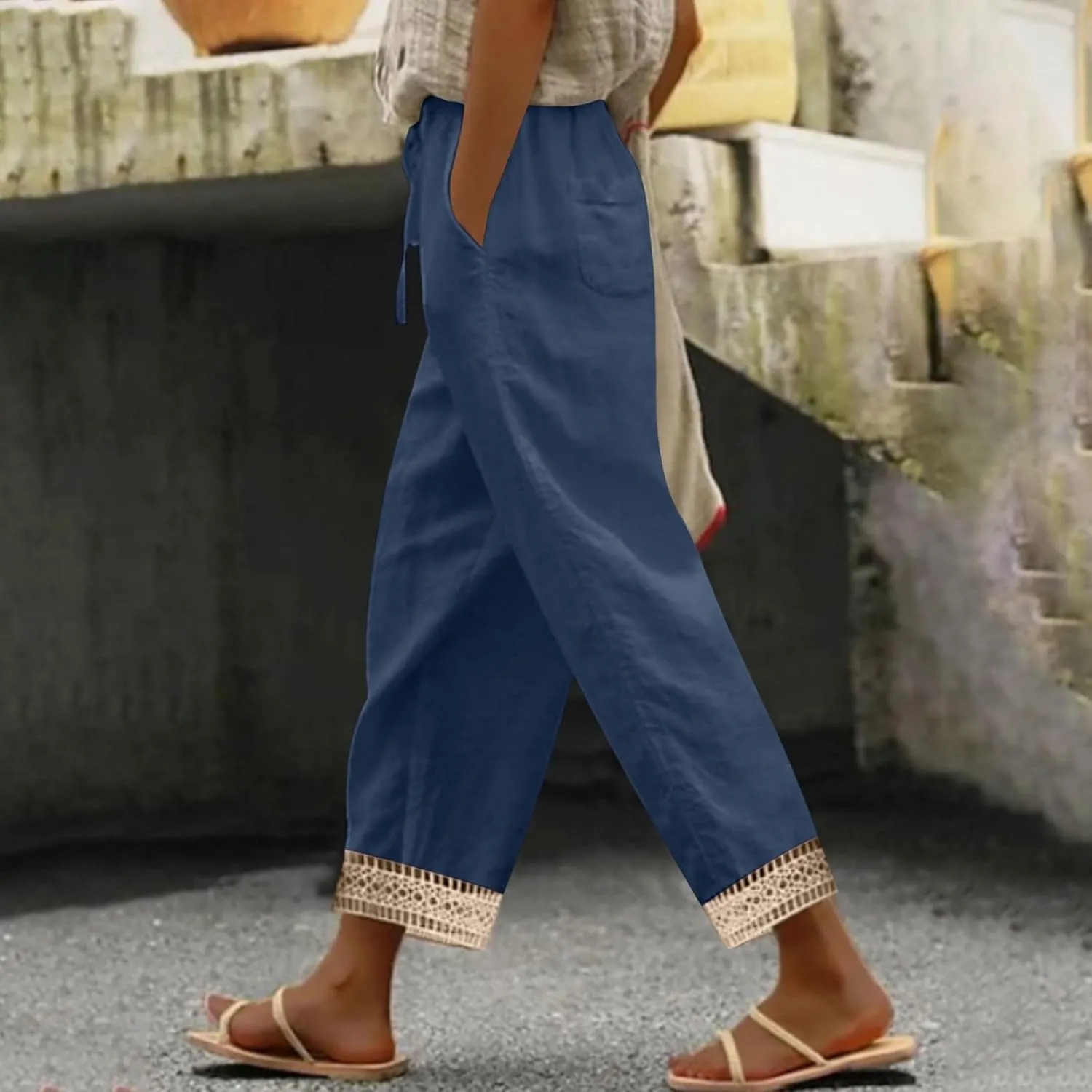 Linen Pants Women Linen Capri Pants 2025 Summer Lightweight Striped Hem Pant with Pocket