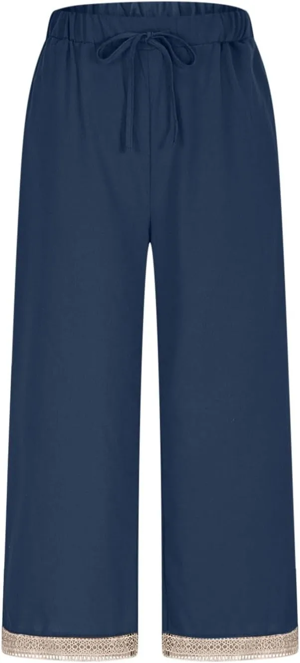 Linen Pants Women Linen Capri Pants 2025 Summer Lightweight Striped Hem Pant with Pocket