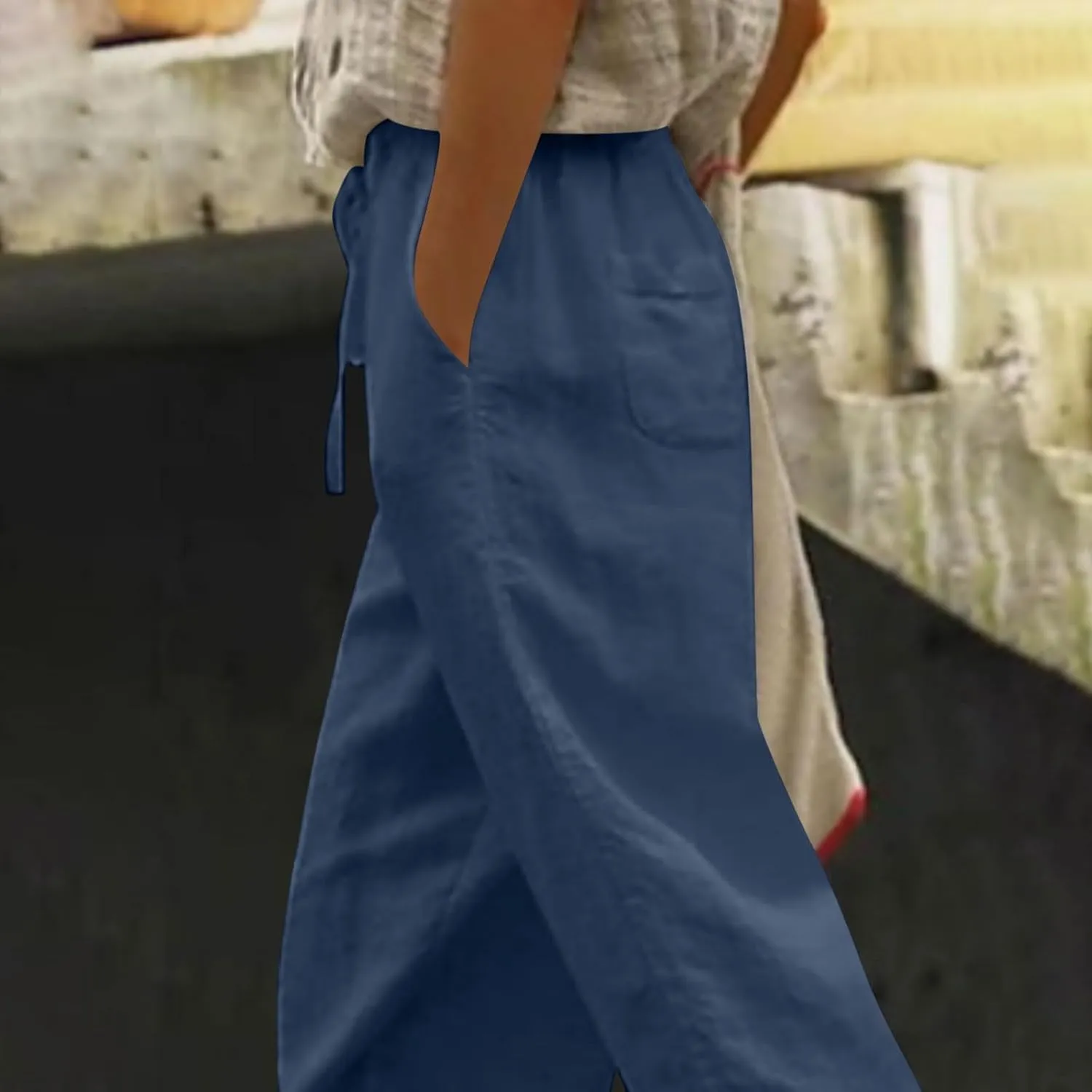 Linen Pants Women Linen Capri Pants 2025 Summer Lightweight Striped Hem Pant with Pocket
