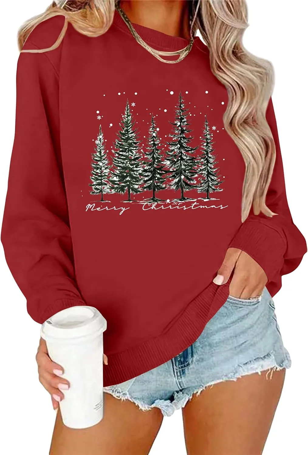 PECHAR Christmas Tree Sweatshirts Women Pine Tree Print Shirts Nature Lover Gift Casual Tee Long Sleeve Xmas Pullover