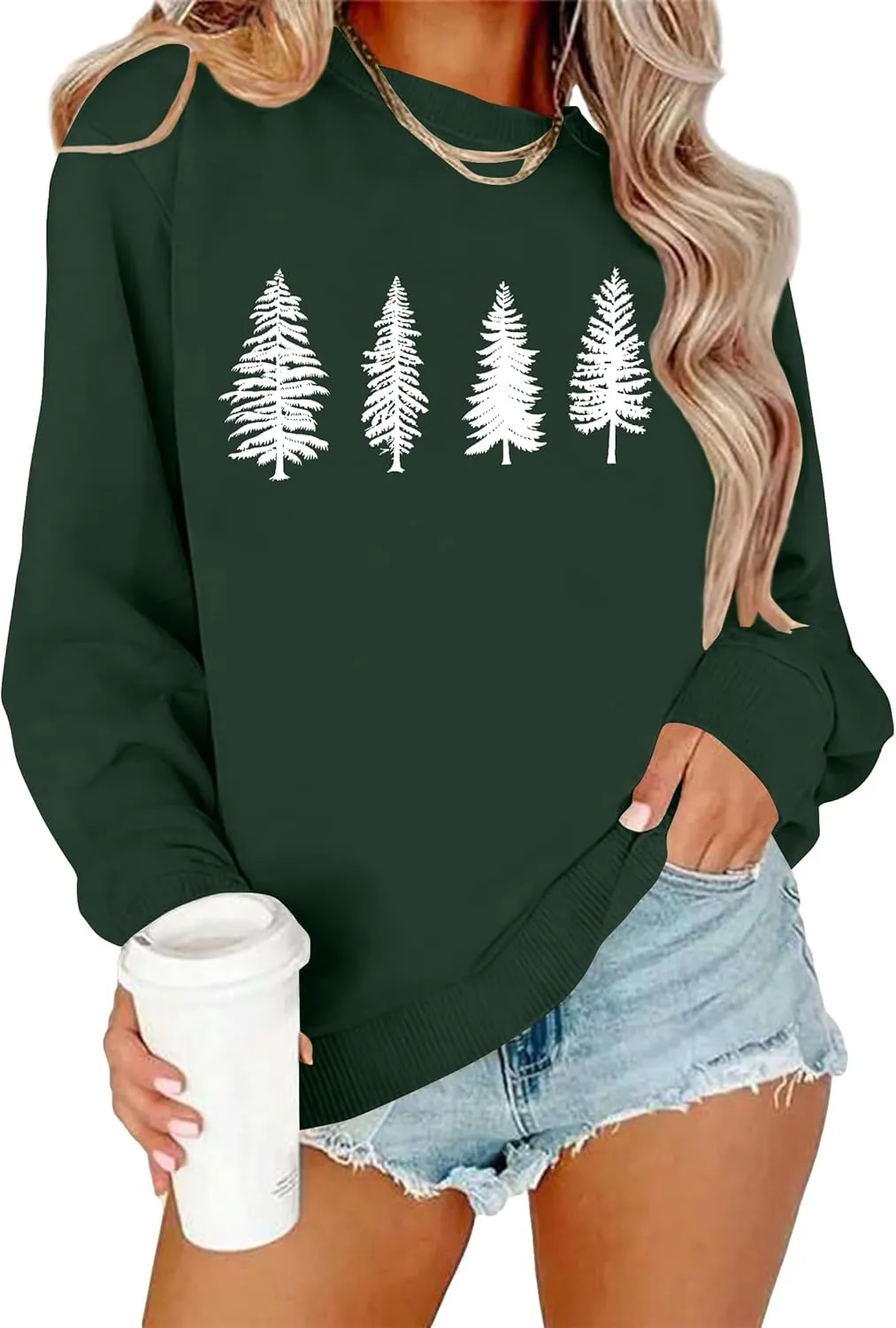 PECHAR Christmas Tree Sweatshirts Women Pine Tree Print Shirts Nature Lover Gift Casual Tee Long Sleeve Xmas Pullover
