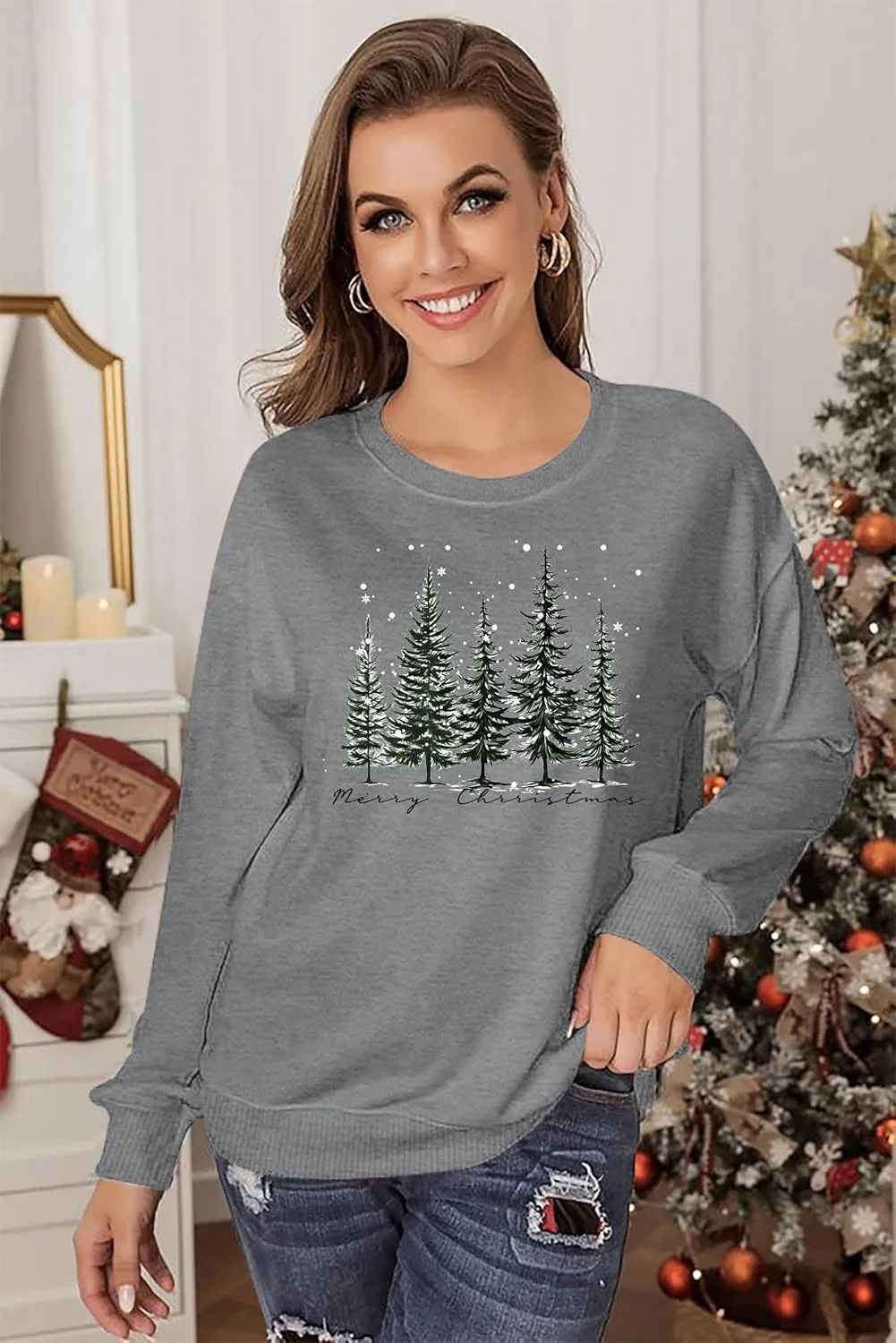 PECHAR Christmas Tree Sweatshirts Women Pine Tree Print Shirts Nature Lover Gift Casual Tee Long Sleeve Xmas Pullover