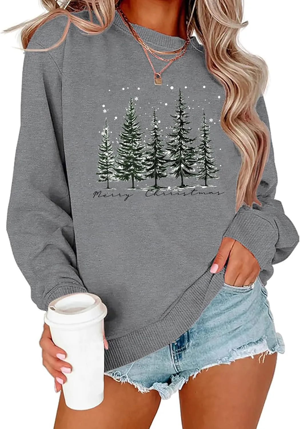 PECHAR Christmas Tree Sweatshirts Women Pine Tree Print Shirts Nature Lover Gift Casual Tee Long Sleeve Xmas Pullover