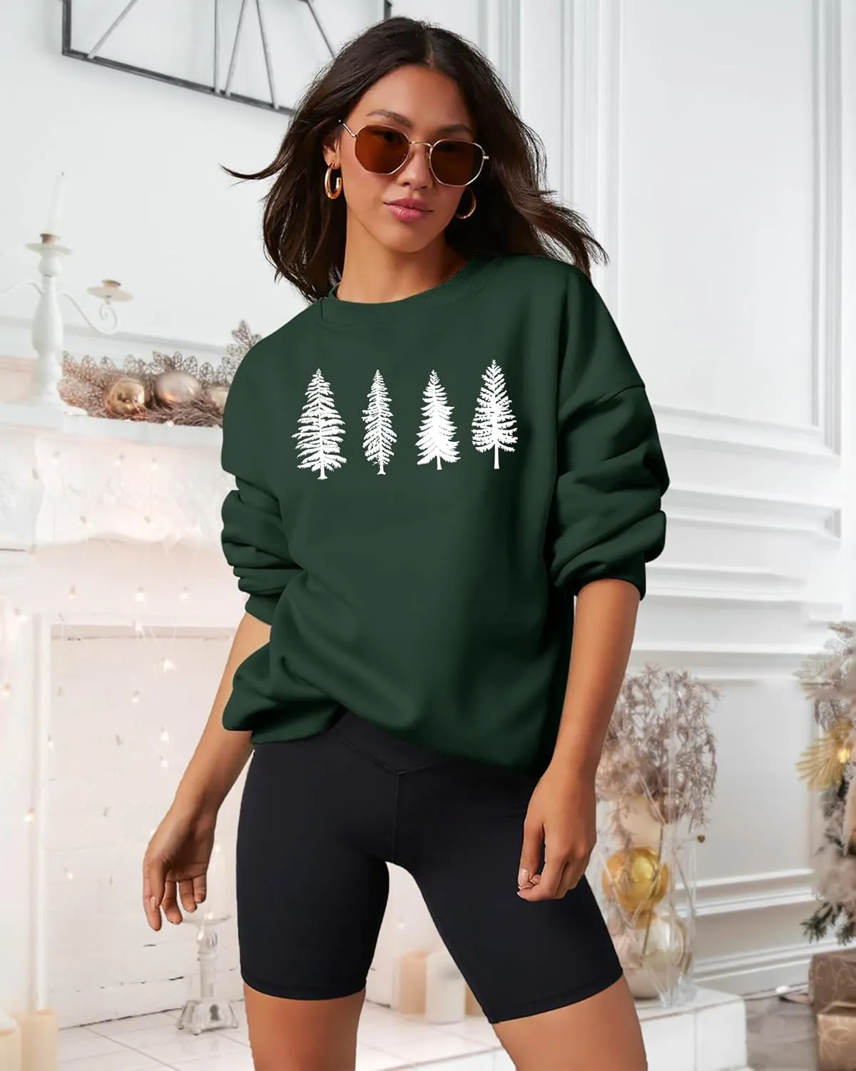 PECHAR Christmas Tree Sweatshirts Women Pine Tree Print Shirts Nature Lover Gift Casual Tee Long Sleeve Xmas Pullover