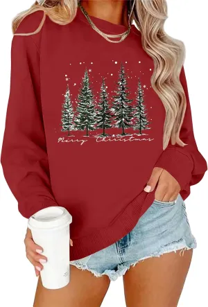 PECHAR Christmas Tree Sweatshirts Women Pine Tree Print Shirts Nature Lover Gift Casual Tee Long Sleeve Xmas Pullover