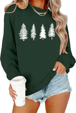 PECHAR Christmas Tree Sweatshirts Women Pine Tree Print Shirts Nature Lover Gift Casual Tee Long Sleeve Xmas Pullover