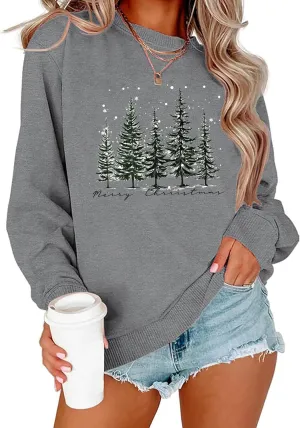 PECHAR Christmas Tree Sweatshirts Women Pine Tree Print Shirts Nature Lover Gift Casual Tee Long Sleeve Xmas Pullover