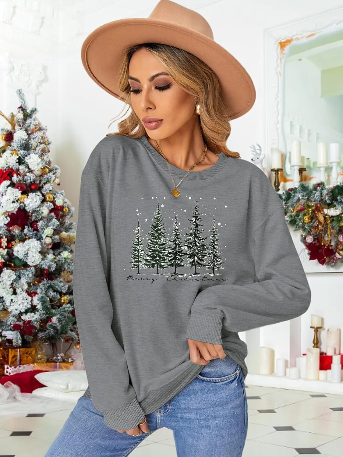 PECHAR Christmas Tree Sweatshirts Women Pine Tree Print Shirts Nature Lover Gift Casual Tee Long Sleeve Xmas Pullover