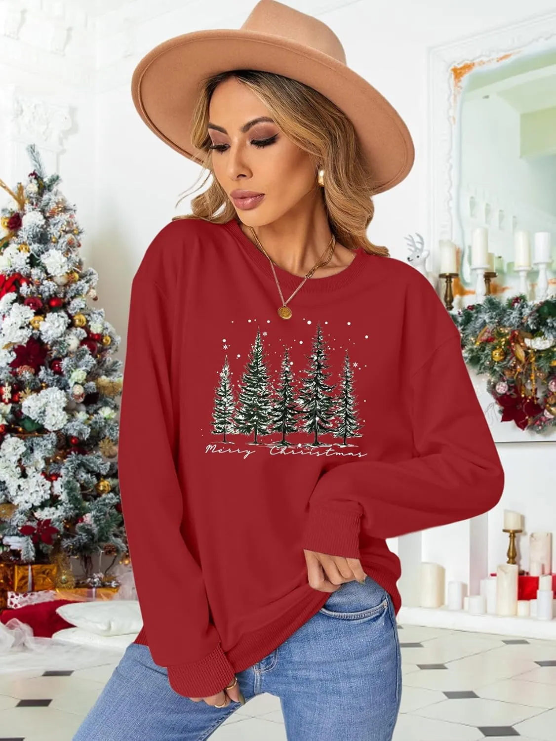 PECHAR Christmas Tree Sweatshirts Women Pine Tree Print Shirts Nature Lover Gift Casual Tee Long Sleeve Xmas Pullover