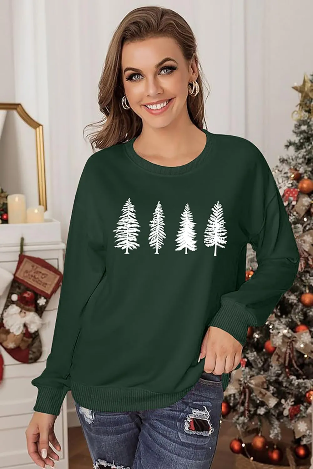 PECHAR Christmas Tree Sweatshirts Women Pine Tree Print Shirts Nature Lover Gift Casual Tee Long Sleeve Xmas Pullover