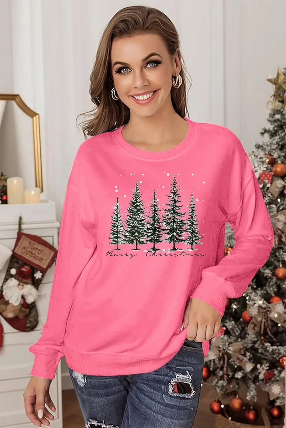 PECHAR Christmas Tree Sweatshirts Women Pine Tree Print Shirts Nature Lover Gift Casual Tee Long Sleeve Xmas Pullover