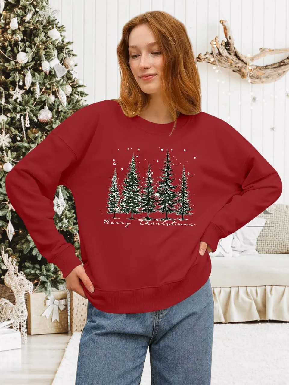 PECHAR Christmas Tree Sweatshirts Women Pine Tree Print Shirts Nature Lover Gift Casual Tee Long Sleeve Xmas Pullover