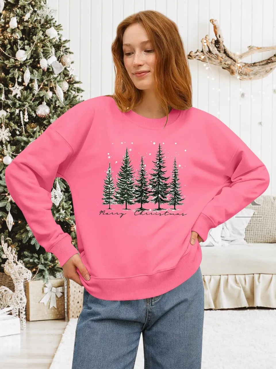 PECHAR Christmas Tree Sweatshirts Women Pine Tree Print Shirts Nature Lover Gift Casual Tee Long Sleeve Xmas Pullover