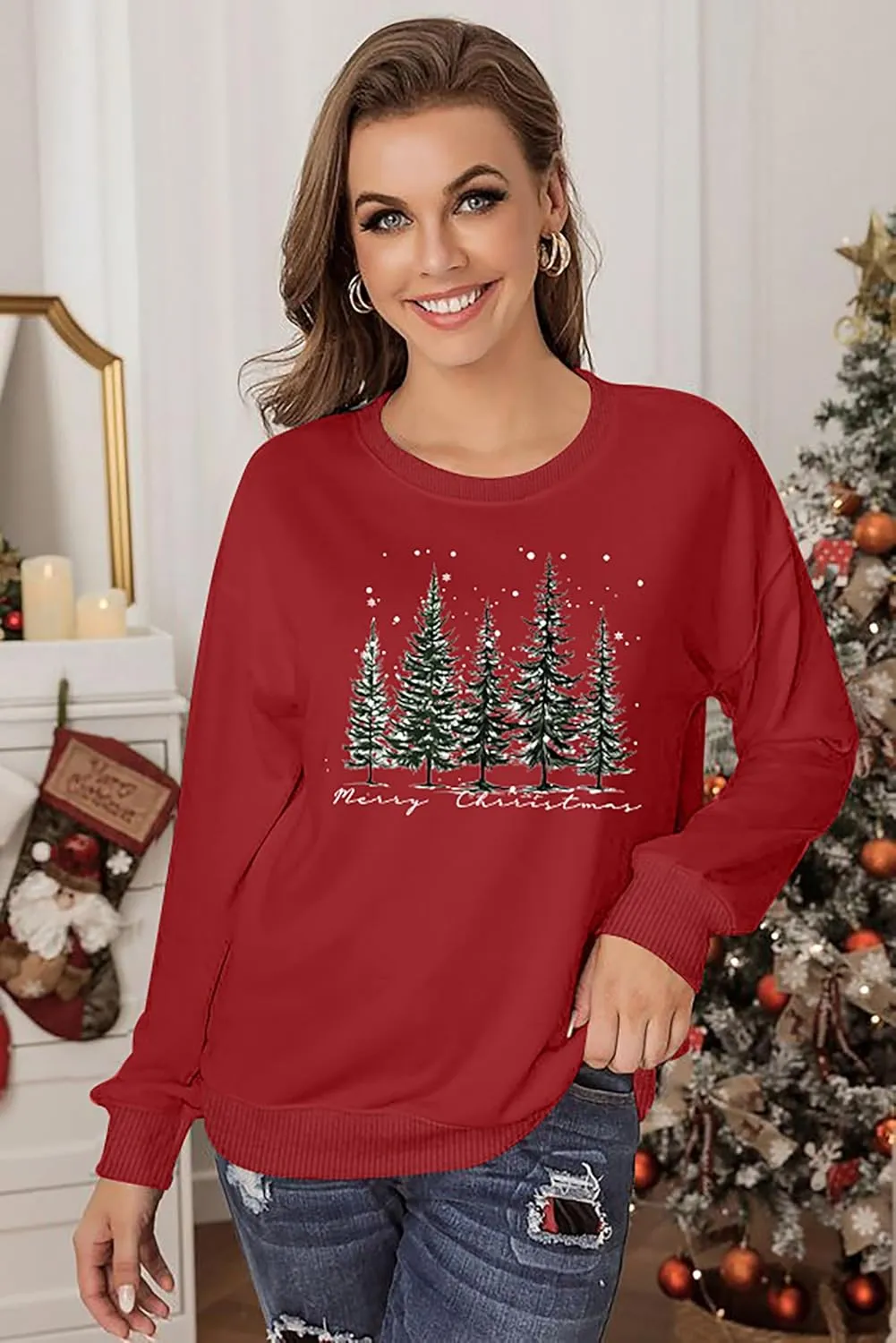 PECHAR Christmas Tree Sweatshirts Women Pine Tree Print Shirts Nature Lover Gift Casual Tee Long Sleeve Xmas Pullover