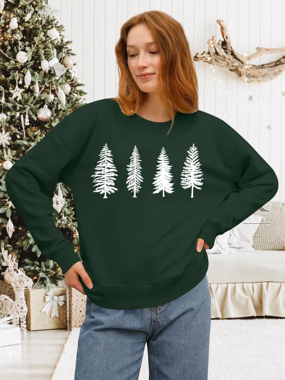 PECHAR Christmas Tree Sweatshirts Women Pine Tree Print Shirts Nature Lover Gift Casual Tee Long Sleeve Xmas Pullover