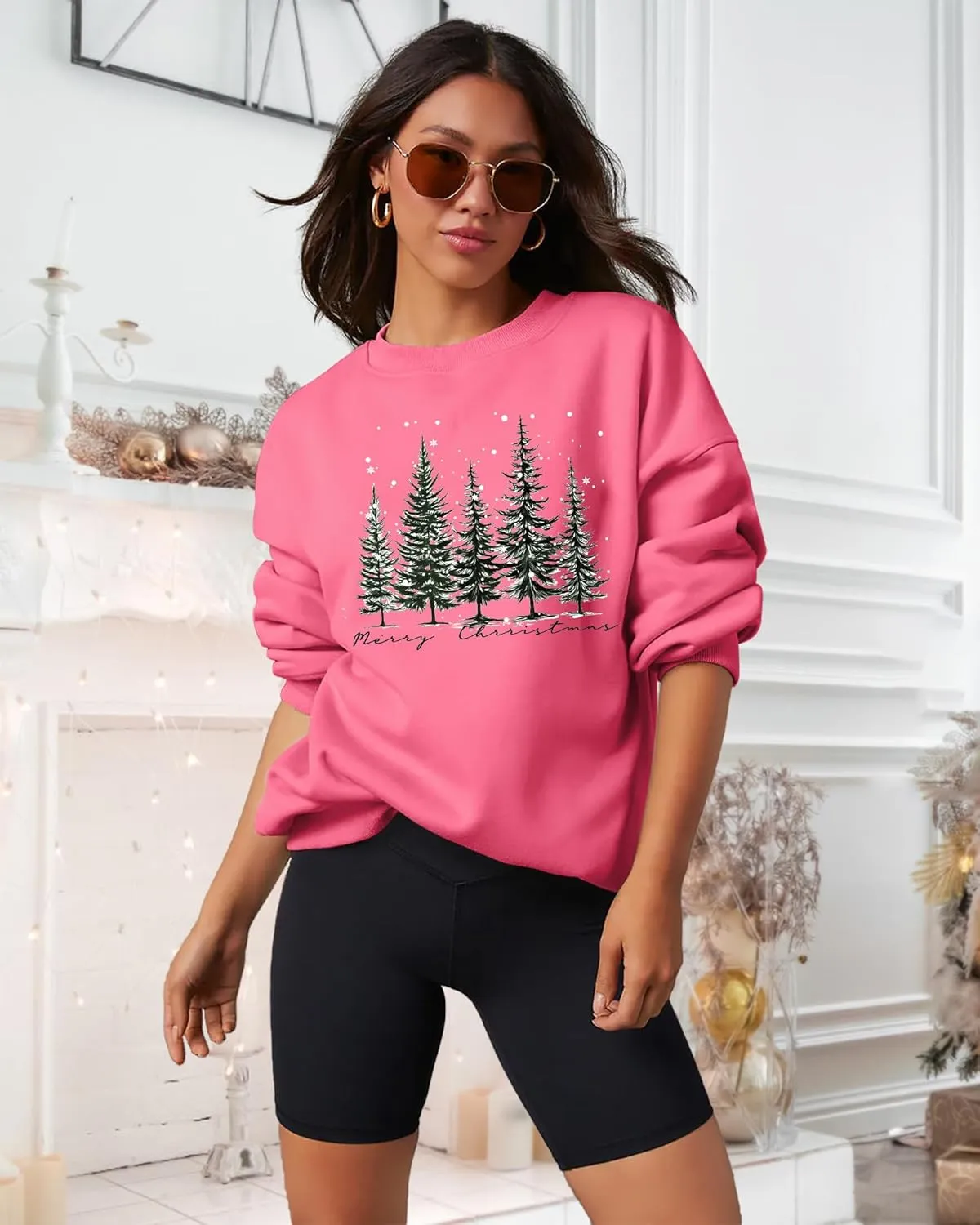 PECHAR Christmas Tree Sweatshirts Women Pine Tree Print Shirts Nature Lover Gift Casual Tee Long Sleeve Xmas Pullover